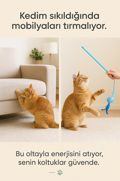 Elastik İpli Çıngıraklı Tüylü Toplu Kedi Oyun Oltası – Hasır İp Sargılı Dayanıklı Oyuncak