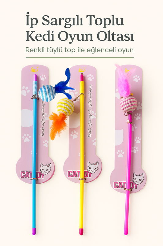 Elastik İpli Çıngıraklı Tüylü Toplu Kedi Oyun Oltası – Hasır İp Sargılı Dayanıklı Oyuncak