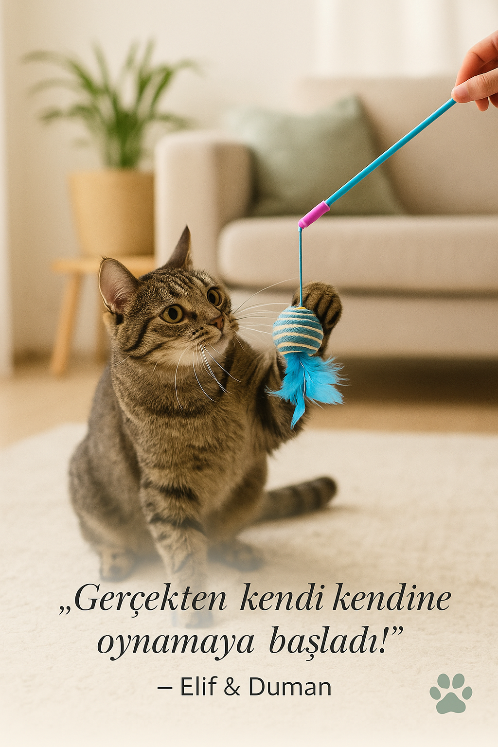 Elastik İpli Çıngıraklı Tüylü Toplu Kedi Oyun Oltası – Hasır İp Sargılı Dayanıklı Oyuncak