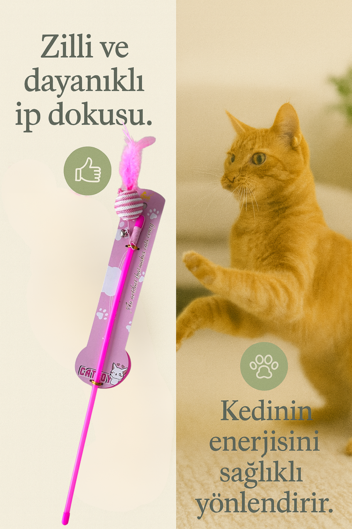 Elastik İpli Çıngıraklı Tüylü Toplu Kedi Oyun Oltası – Hasır İp Sargılı Dayanıklı Oyuncak