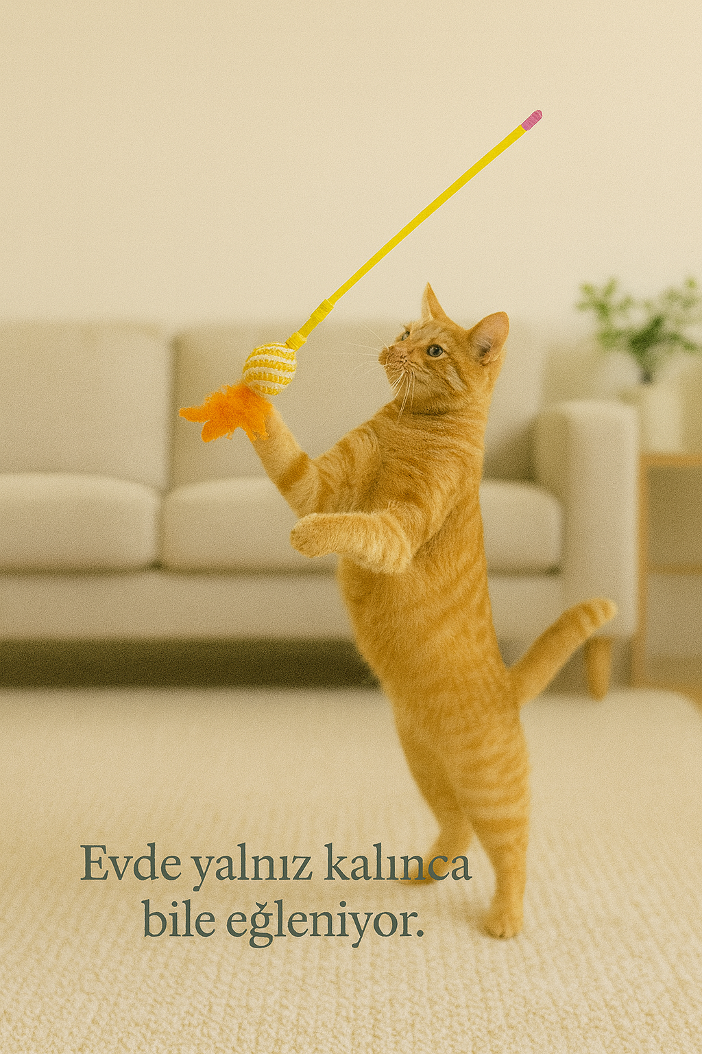 Elastik İpli Çıngıraklı Tüylü Toplu Kedi Oyun Oltası – Hasır İp Sargılı Dayanıklı Oyuncak