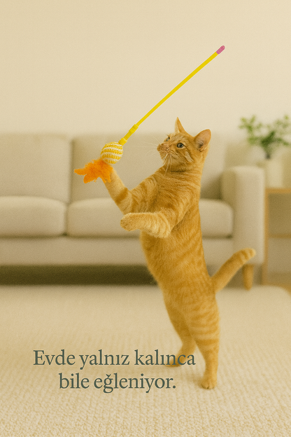 Elastik İpli Çıngıraklı Tüylü Toplu Kedi Oyun Oltası – Hasır İp Sargılı Dayanıklı Oyuncak